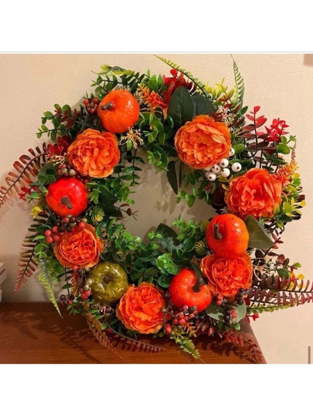 NWOT-Autumn Peony & Pumpkin Faux Floral Indoor/ Outdoor Wreath.